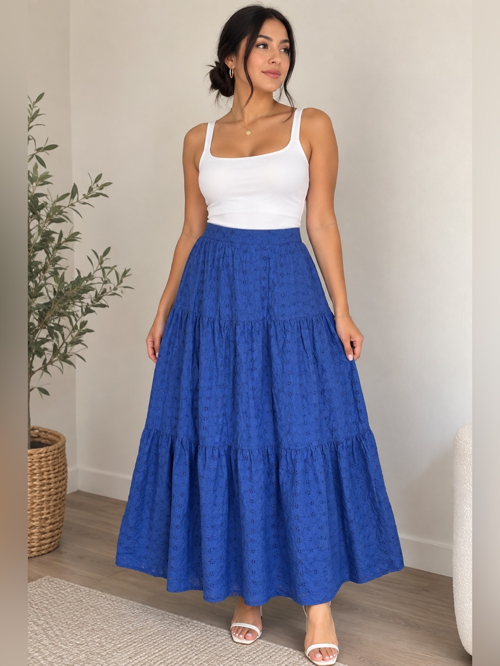 Japna Royal Blue Eyelet Tiered Maxi Skirt